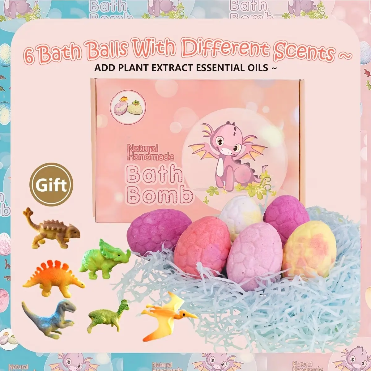 Dinosaur Bath Bomb Set, 6-Piece Body Care Kit with a Surprise Inside Each, Fun Christmas & Birthday Gift for Kids, 6Pcs
