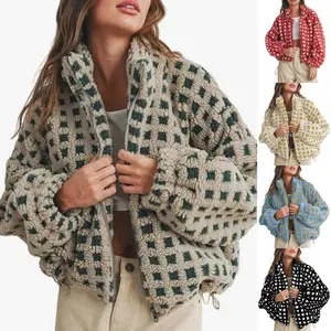 Women Winter Fleece Jacket Plaid Fleece Warm Coat Long Sleeve Zipper Lamb Fleece Jacket With Pockets