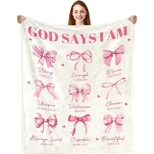 Inspirational religious gifts for women: “God says I am” flannel throw blanket, coquette pink bow Bible verse blanket, Christian faith and prayer gift for birthdays and Christmas