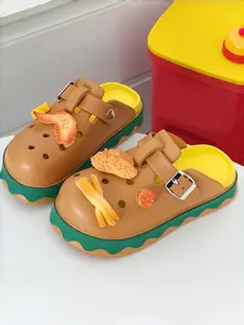 Women's Funny Food Design Platform Clogs Slippers, Hamburger Fried Chicken Fries Cartoon Style, Cute DIY Charm Sandals, Thick Cloud-Like Cushion Sole, Comfortable Non-Slip Slip-On Shoes for Indoor Outdoor, Casual Walking, Beach, Vacation
