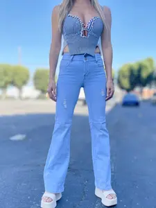 SimplYoung High Rise Flare Jeans for Women, Light Blue - Ripped Style - Womenswear, Bottom