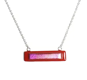 Dichroic Pink on Red Fused Glass Bar Necklace