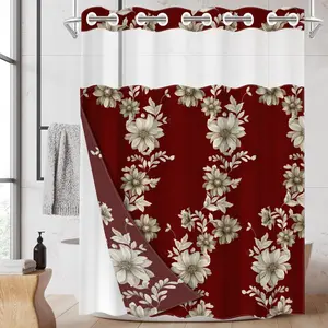 1pc hookless shower curtain with buckle lining, spring red and white floral pattern design, 2D flat printing, waterproof fabric lining, see-through double-layer shower curtain, 71 x 74 inches, modern home draping curtain.