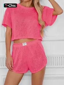 2-Piece Summer Pajama Set, Loungewear, Casual Loose-Fit, Breathable Knitted Top, Side Slits Shorts, Home Beach Resort Wear, All Seasons, Pjs, Nightwear, Womenswear