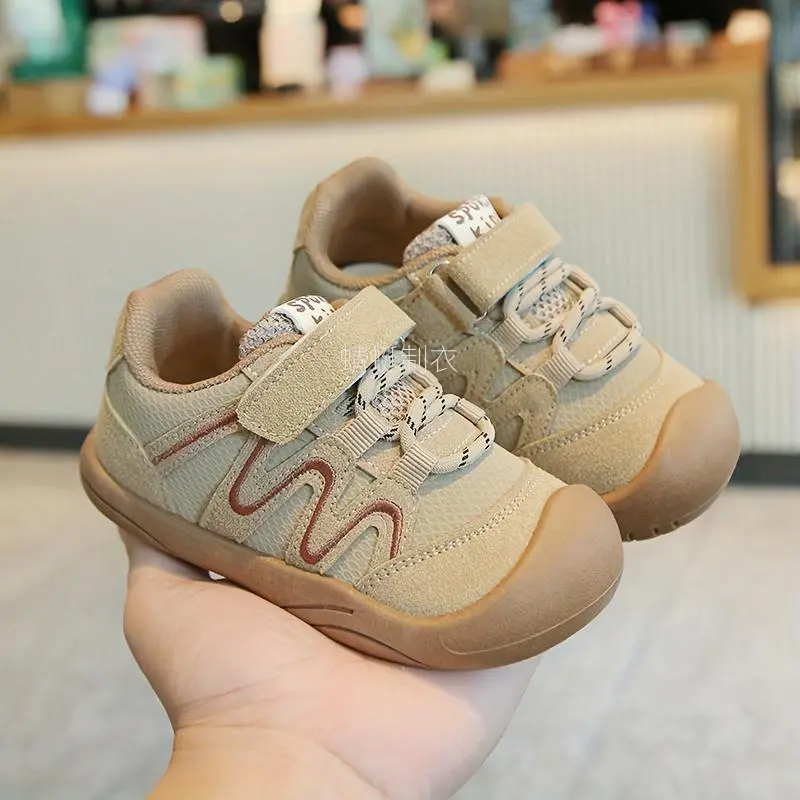 Kids' Casual Striped Fabric Sneakers - 1-2 Years, Beige & Brown Low-Top Walking Wear, Easy-On Strap, Soft Cushioning, Lightweight Non-Slip Sole, Casual Trainers, US 5 Toddler, US 10 Little Kid