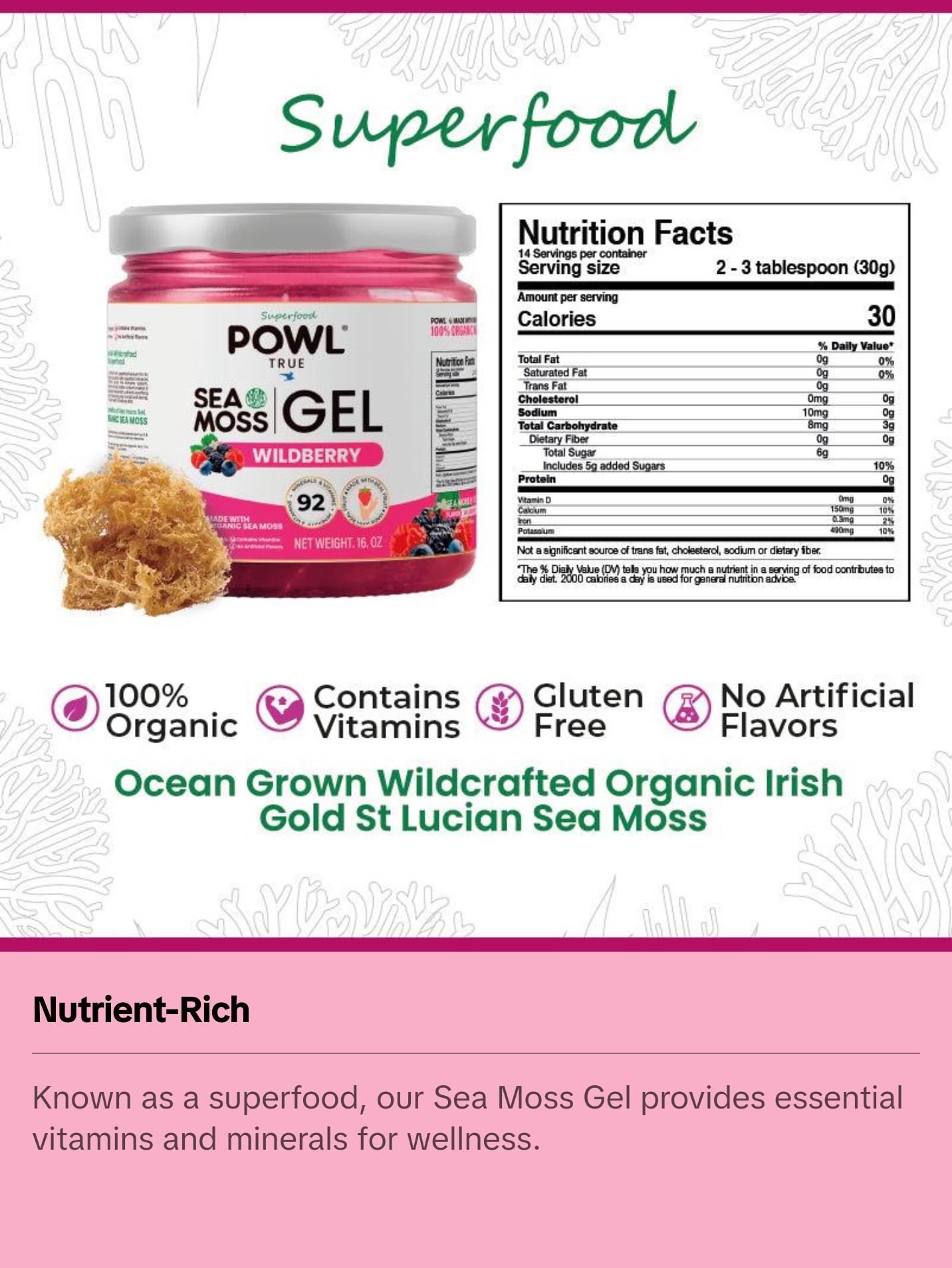 Organic Sea Moss Gel - Wildcrafted Irish Natural Superfood - WildBerry flavor.