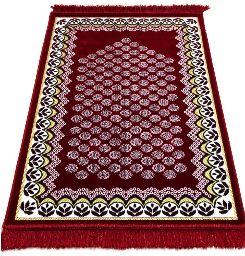 Velvet Floral Daisy Arch Islamic Prayer Rug - Red Velvet Floral Daisy Arch Islamic Prayer Rug - Red
