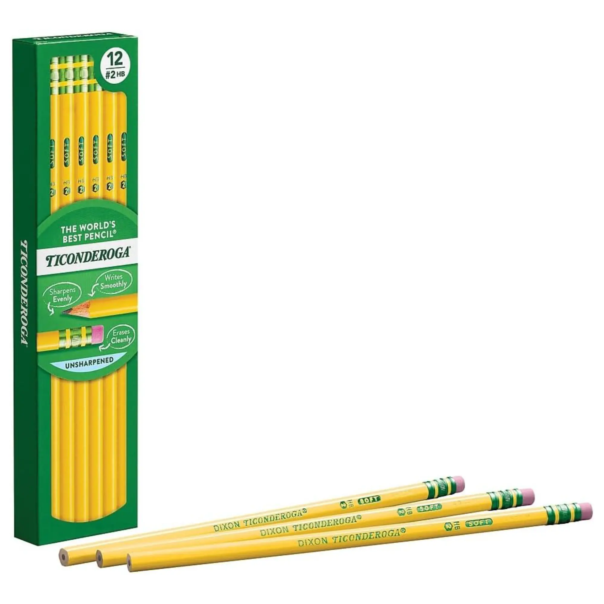 Ticonderoga Wood-Cased Pencils, Broad Lines, HB Grade, 2 HB Soft, Unsharpened, Yellow, 12 Count, Back-to-School Ready