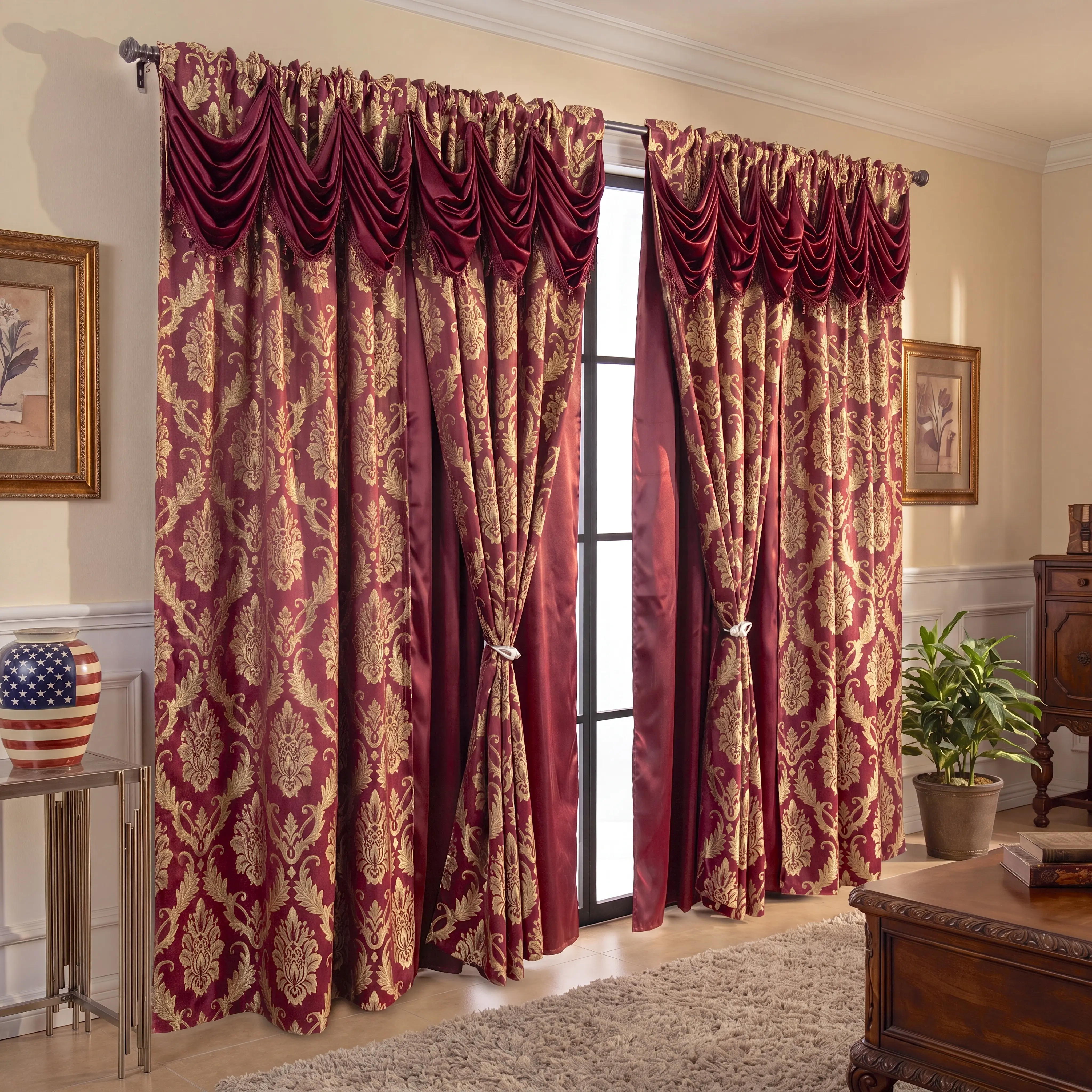 4-Panel Blackout Curtain Set, Baroque Damask Jacquard with Attached Waterfall Swag Valance and Fringe Trim, Satin Lined Rod Pocket Drapes, for Formal Living Room Decor, JV1