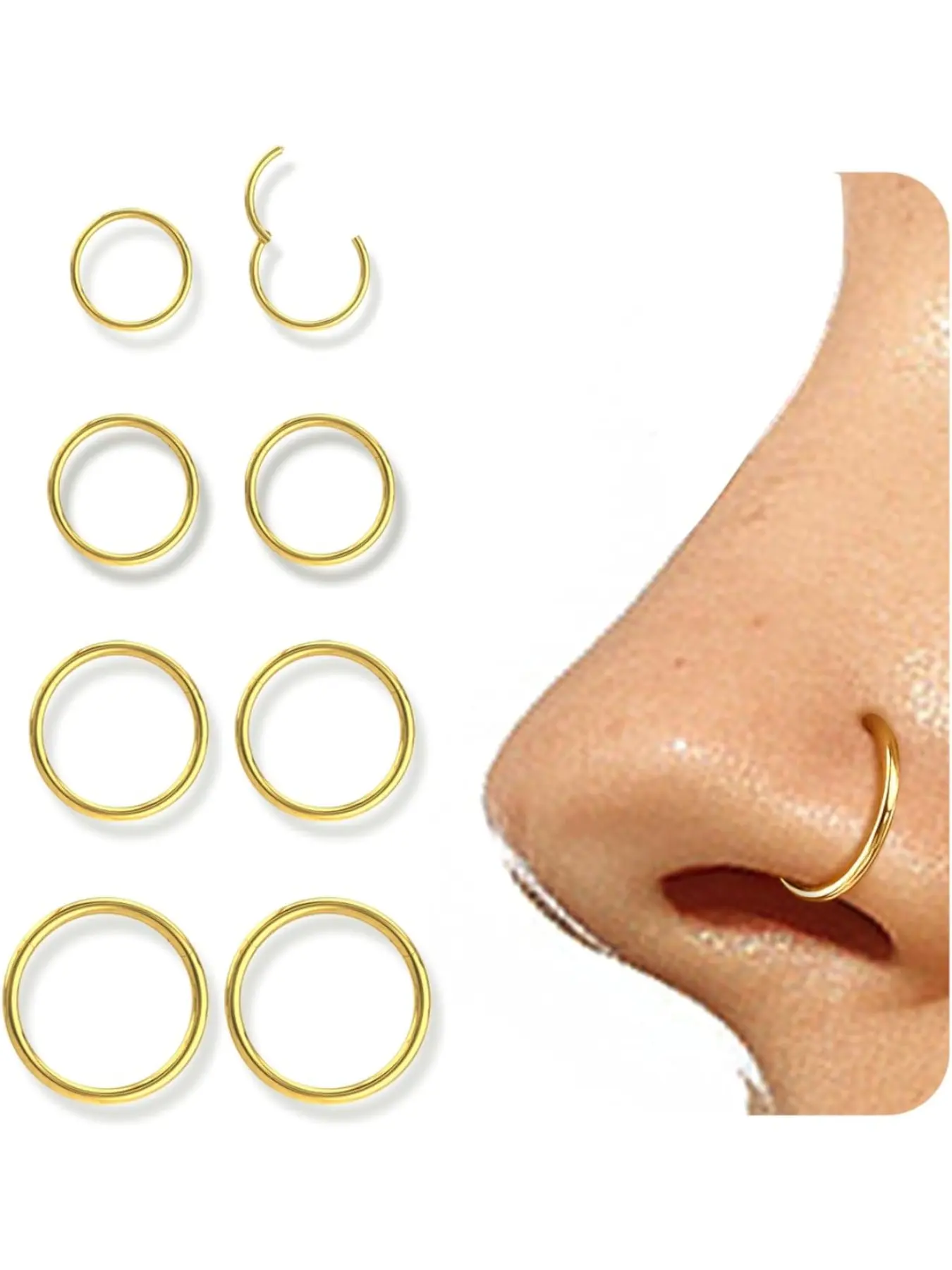 8 Pcs 16G/18G 316L Steel Nose Rings Hoops Septum Rings Lip Ring Hypoallergenic Nose Clicker Ring Tragus Helix Cartilage Daith Rook Sleeper Earring Body Piercing Jewerly Nose Ring Jewelry for Women Men High Quality Jewelry