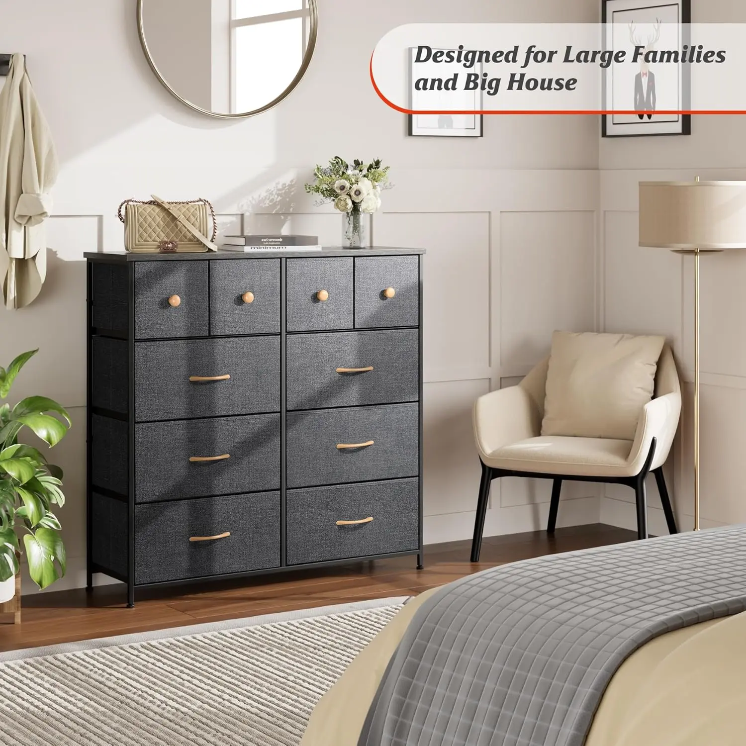 Dresser for Bedroom Drawers, Storage Drawer Organizer, Tall Chest of Drawers for Closet, Living Room, Hallway, Entryway, Fabric Drawers (Black Grey)