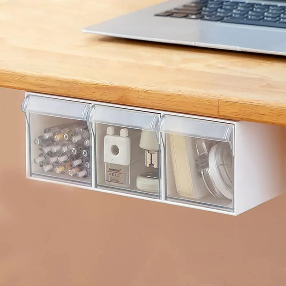 3 PCS Under Desk Drawer, Self-Adhesive Slide Out Organizer Tray, Plastic Stick On Table Hidden Attachable Drawer Tray for Office Home School Kitchen