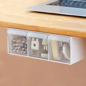 3 PCS Under Desk Drawer, Self-Adhesive Slide Out Organizer Tray, Plastic Stick On Table Hidden Attachable Drawer Tray for Office Home School Kitchen