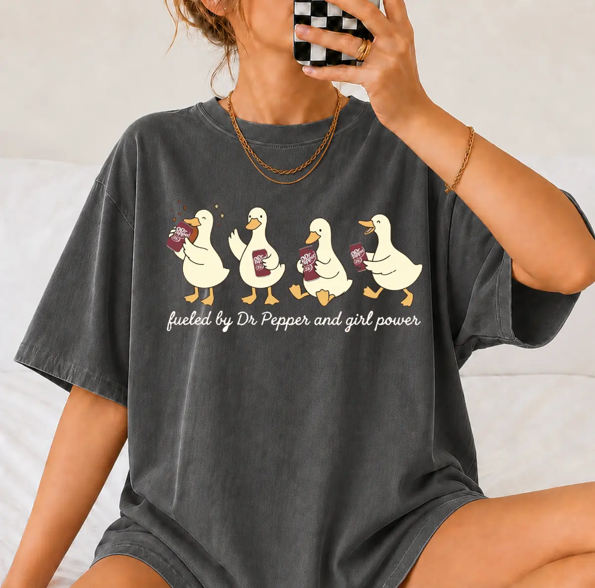 Comfort Colors Fueled By DrPepper and Girl Power Women's T-Shirt, Duck Soda Lover Tee, Retro Soft Drink Soda Lover Gifts