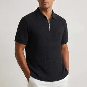 Men's Textured Striped Classic Knit Polo Shirt - Menswear Short-Sleeve Half-Zip Top, Plain Casual Summer Daily Wear, Understated Elegance Fashion Top
