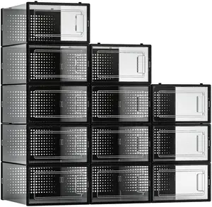 12-Pack Clear Plastic Stackable Shoe Storage Bins, Foldable Shoe Organizer for Closet, Space-Saving Sneaker Holder Container with Black Frame