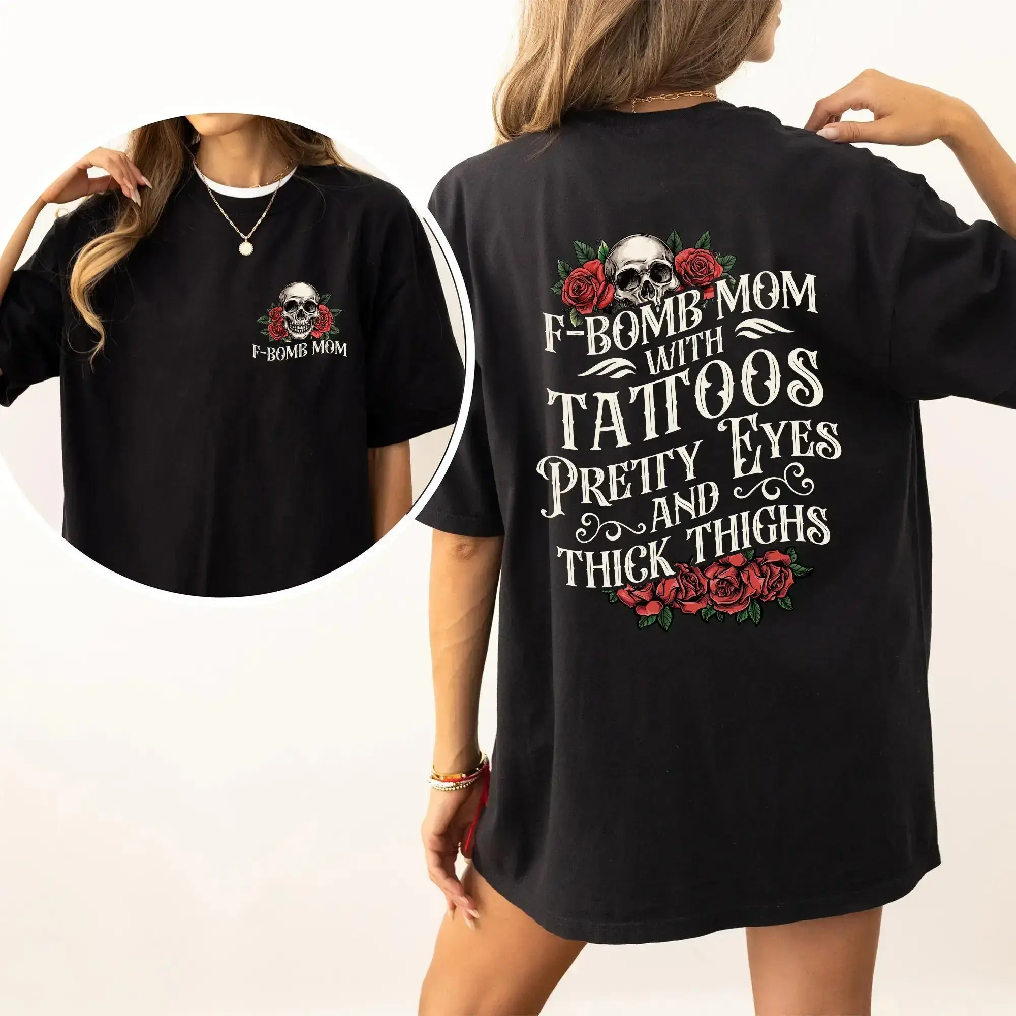 Gothic F-Bomb Mom Comfort Colors Shirt, Tattoos Pretty Eyes and Thick Thighs Mama T-shirt, Tatted Moms Club Graphic Tee, Gift For Mom pxt01