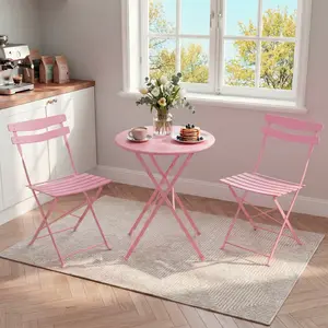 Compact Folding Patio Bistro Set – 3-Piece Metal Outdoor Furniture Includes Round Table & 2 Folding Chairs No Assembly Perfect for Balcony Garden Yard Apartment
