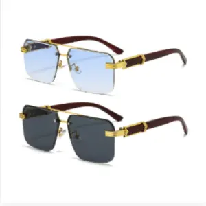 Trendy Gradient Lens Sunglasses 2-Pack Sunglasses (Grey + Blue) | Gold Frame with Wood Temples for Streetwear
