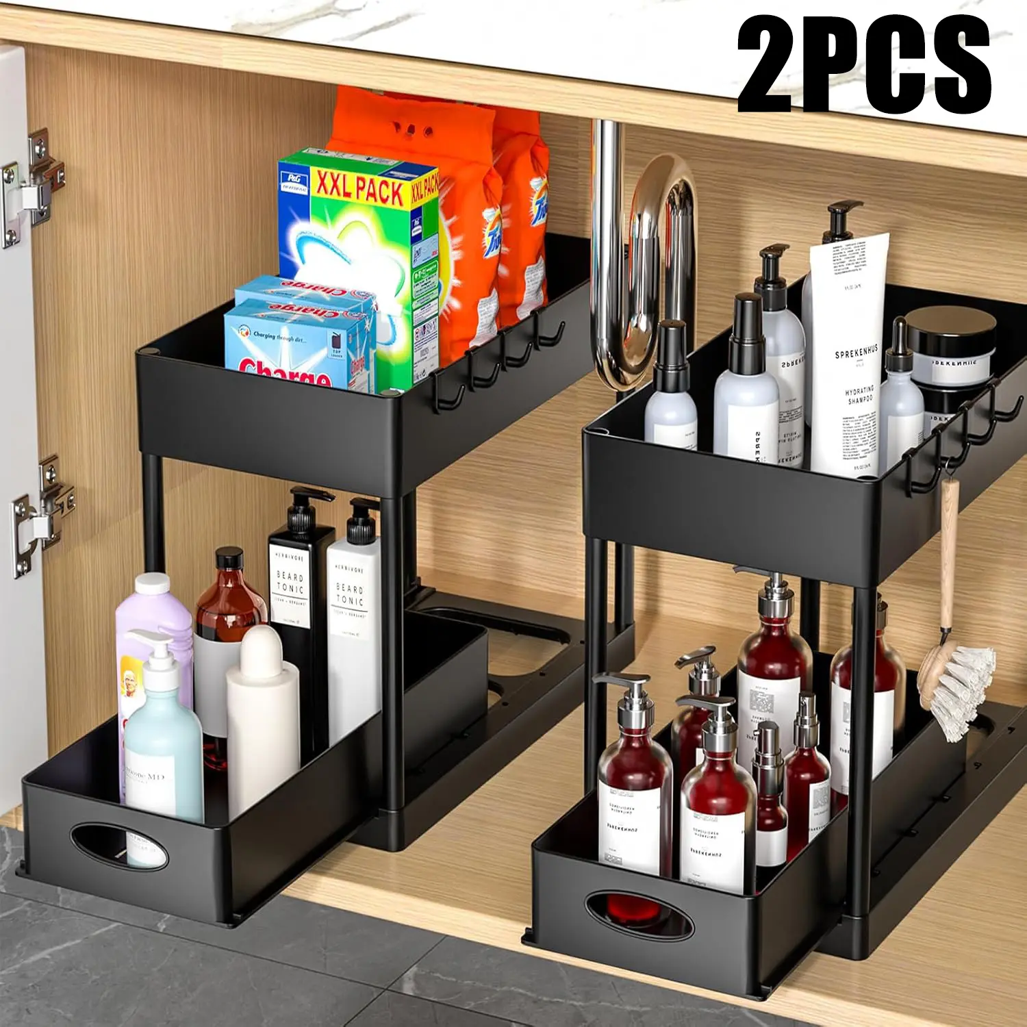 2-Piece Pull-Out Under-Sink Storage Rack - 2-Tier Home Organizer with Drawer Basket for Vanity, Makeup, Bottle Needs, Efficient Space Utilization, Organized Storage (Black, White)