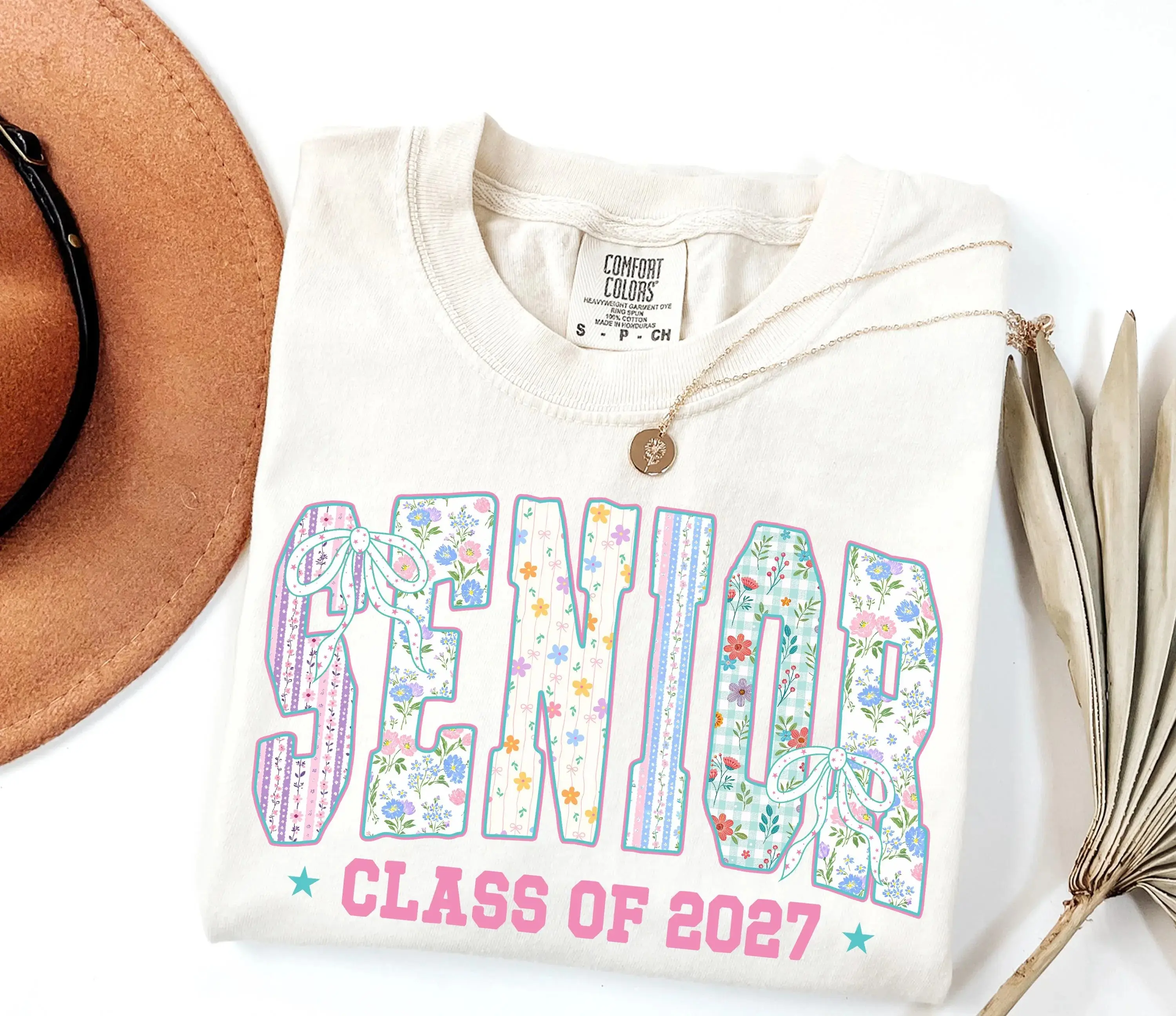 Comfort Colors Senior Class Of 2027 T-Shirt - Floral Patchwork Varsity Letters With Coquette Bows And Pastel Flowers, High School Senior Tee For Women, Graduation Party Outfit, Class Of 2027 Gift For Senior Girls, Students, Friends And Graduates