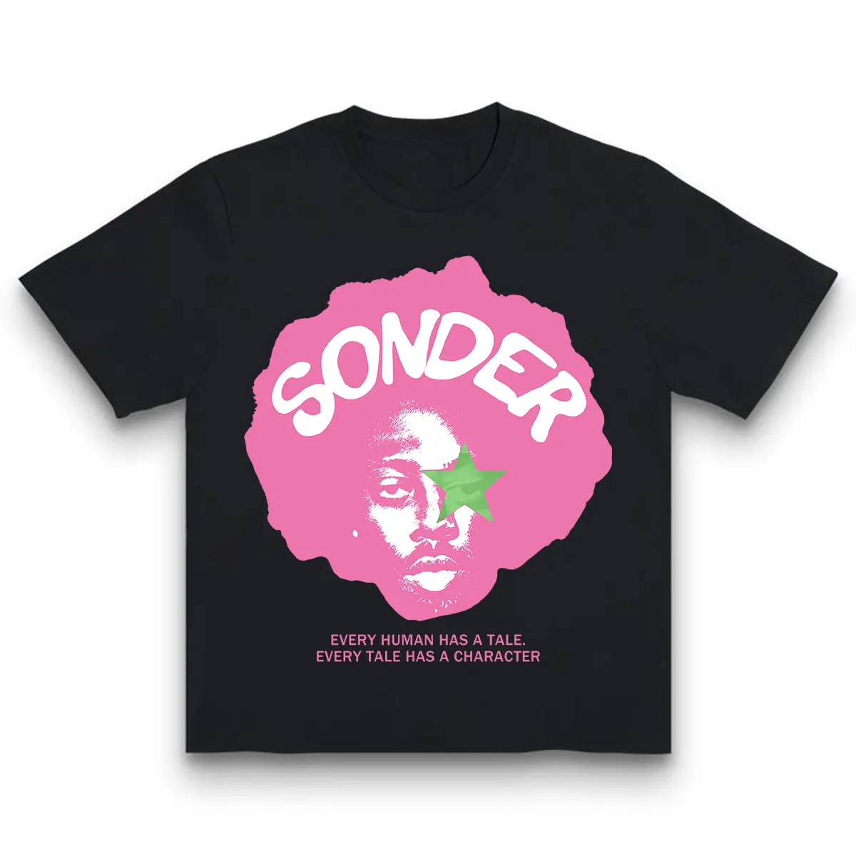 Menswear Bold Pink "Sonder" Lettering & Geometric Print Tshirt, Casual Round Neck Short-Sleeve Top, 100% Cotton 180G/230G Soft Comfortable Streetwear, Made In USA