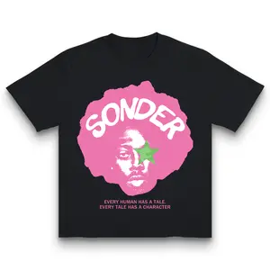 Bold Pink "Sonder" Lettering & Geometric Print Rap Shirt Casual Crewneck Streetwear Made In USA For Women For Men [180G/230G 100% cotton short-sleeve/hoodie, soft and comfortable]