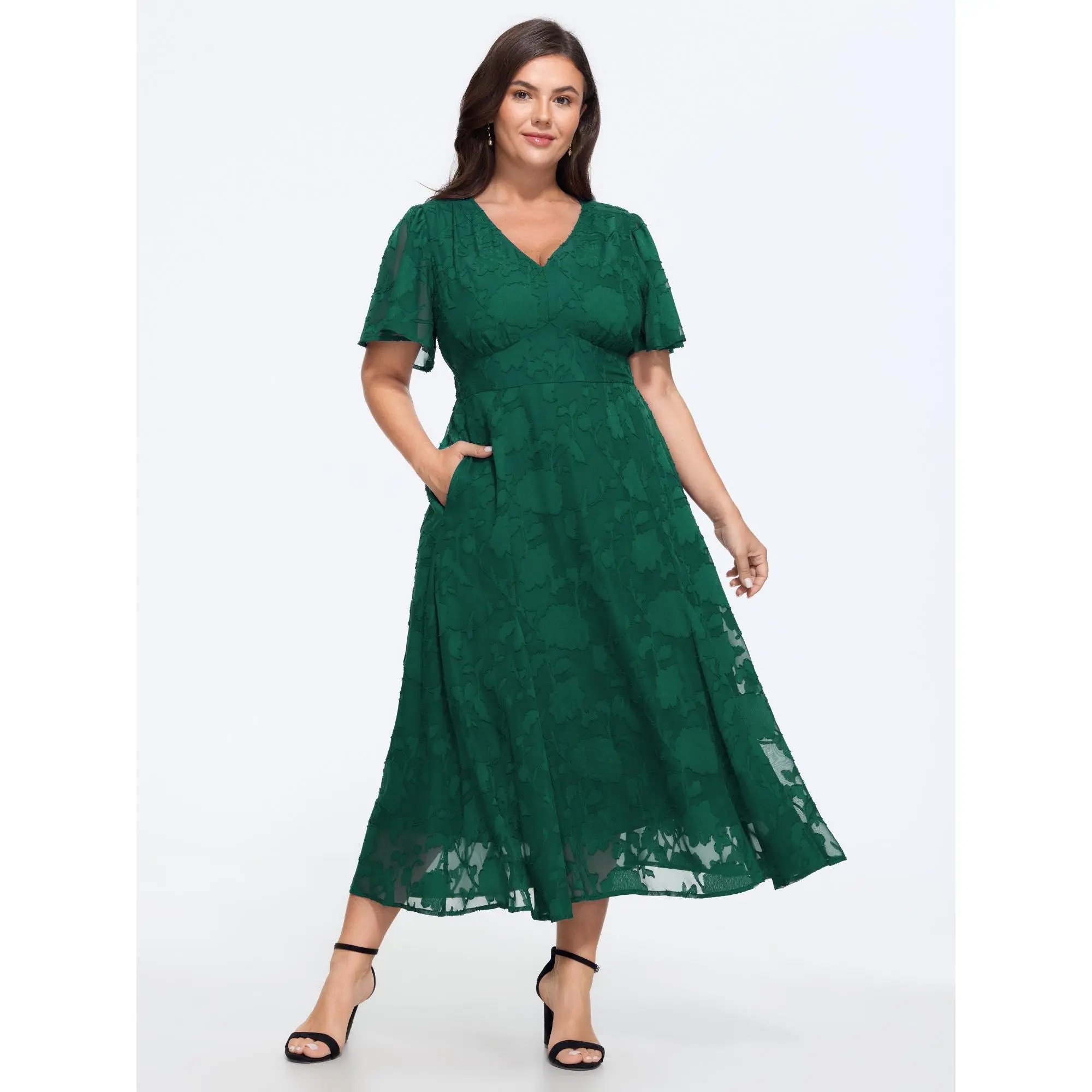 BLOOMCHIC Women's Plus Size Polyester Short-Sleeve Casual Dress - Textured V-Neck, Shirred Waist, Pocketed Midi Length, Flattering Fit, Quality Fabric [M-6X] 2026 Summer Finds
