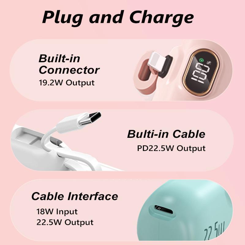 2 in 1 5000mAh 22.5W Mini Portable Charger Power Bank with 3 Output Ports, 5000mAh Fast Charging Battery Pack with LED Display-5000mAh Mini Portable Charger Power Bank for phone, 22.5W Fast Charger with 3-Output and Digital Display, Lightwight and Compact