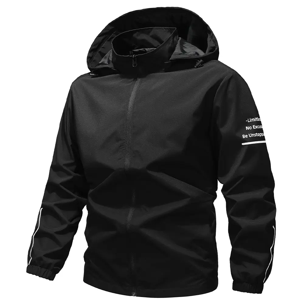 Men’s lightweight windproof jacket with removable hood and full-zip closure, featuring an adjustable visor—a casual athletic windbreaker suitable for running, cycling, and hiking.