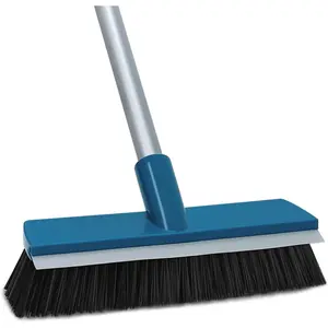 Stiff Bristle Deck Brushes for Scrubbing Heavy Duty with Rubber Scrape Squeegee, 55” Long Handle Scrub Brush for Bathroom Shower Carpet Outdoor Floor Cleaning (Head Size: 10.8”)