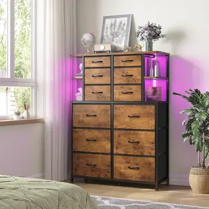 Raybee 12 Drawers Dresser for Bedroom with LED Lights, 45.2' H Tall Dresser with Metal Frame & Open Shelves, Fabric Dressers & Chests of Drawers White