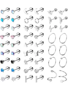 Diverse 25 Pairs Silvery Versatile Earrings Surgical Steel Stud Earrings Hypoallergenic Earrings for Women Men Colorful Cartilage Earring Opal Moonstone Turquoise Butterfly Flower Star Flat Back Earrings Helix Piercing Jewelry