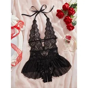 Women's Sexy Open Front Fitted Lingerie, Fashion Tie Details, Lace Decoration, Lightweight Fabric, Semi-Transparent, Sleeveless