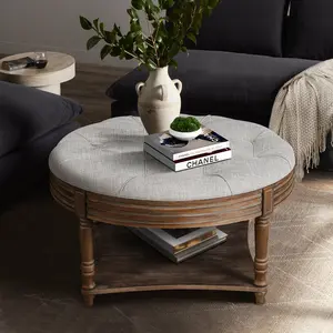 Light Gray 2-Tier Button Tufted Linen Blend Round Farmhouse Ottoman Coffee Table - Waterproof Upholstered Living Room Footstool with Wooden Open Shelf, Tool-Included (Round, Farmhouse, Flat-Top Coffee Tables), Round Coffee Tables