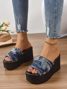 Women's Denim Thick Sole Open Toe Sandals, Fashionable Spring 2026 Design, Height Increasing Large Size Slip-On Shoes