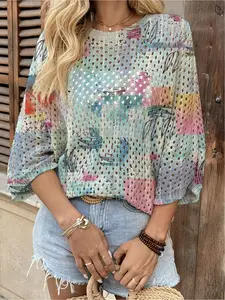 Spring/Summer style, crew neck hollow-out loose batwing raglan sleeve cover-up, colorful plaid floral print women's knitted top, vacation style, casual and elegant for commuting, women's vest cover-up, bikini cover-up, boho vacation style beach cover-up