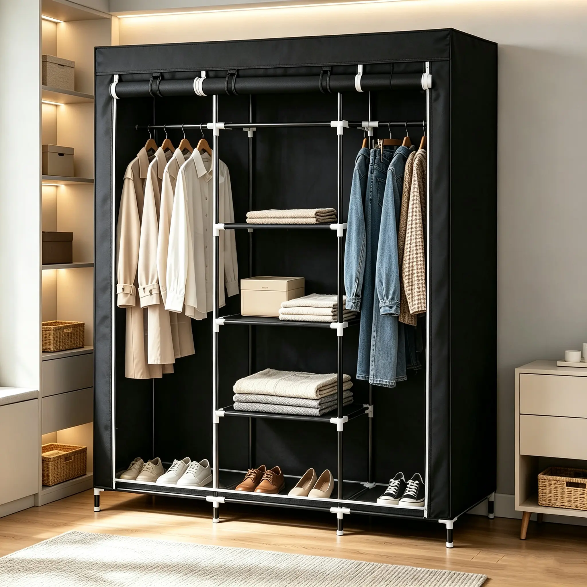 69" Portable Clothes Closet Non-Woven Fabric Wardrobe Double Rod Storage Organizer Black