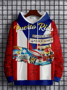 Men's Puerto Rico Flag & Culture Graphic Hoodie, Casual Streetwear Sweatshirt, Long Sleeve, 3D Digital Print Pullover, Drawstring Design, Casual Fitted Outdoor Fitness Wear