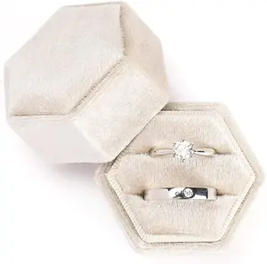 Velvet Jewelry Ring Box, Hexagon Premium Gorgeous Vintage Double Ring Gift Box with Detachable Lid for Proposal Engagement Wedding Ceremony(Beige)
