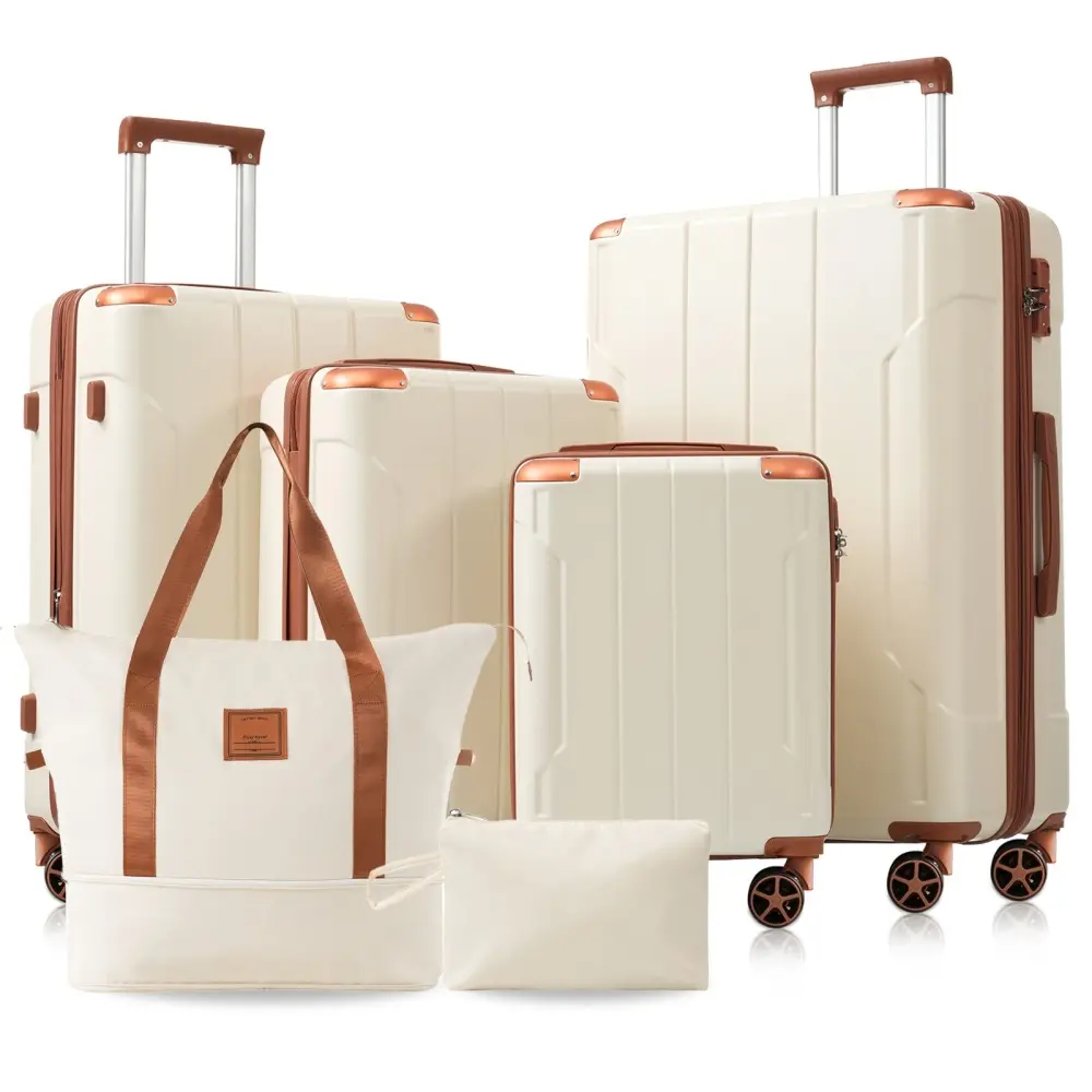 Hardshell Luggage Sets 6 Piece Suitcase Set, Expandable Lightweight Suitcases with Dual Wheels, TSA Lock for Men Women, White Brown