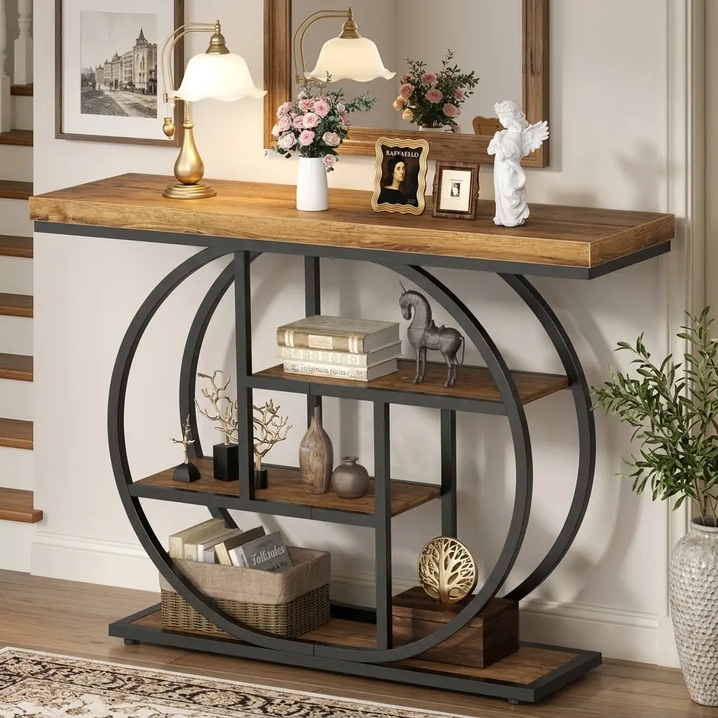 Walsunny Modern Rustic Brown Console Table, 41.3-Inch Narrow Sofa Table with Artistic Curved Metal Frame, for Hallway, Living Room