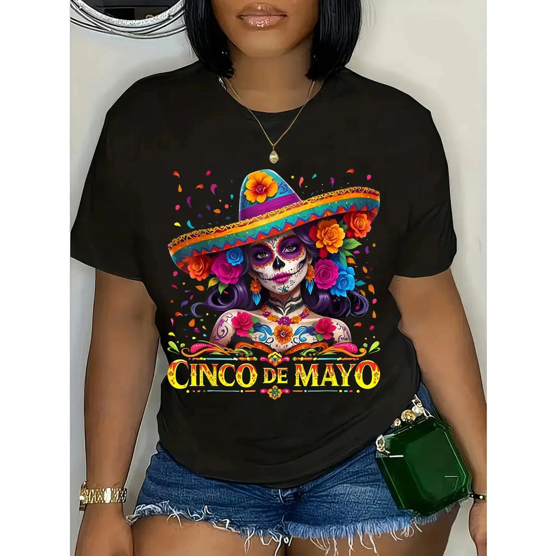 Women's Cinco de Mayo T-Shirt, Colorful Floral Shortsleeve Round Neck Tee, 100% Cotton Mexican Fiesta Festival Chic Top, Tshirt, Casual, Streetwear, Bold Mayo Graphic, Bold Text