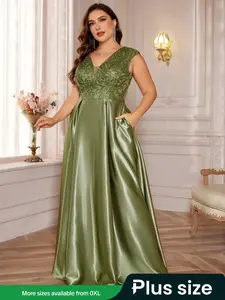 Plus Size Elegant V Neck Loose Fit Evening Dress Formal Wear, Long Luxury Party Gown, Wedding Bridesmaid Dress, Womenswear, All Seasons Wear