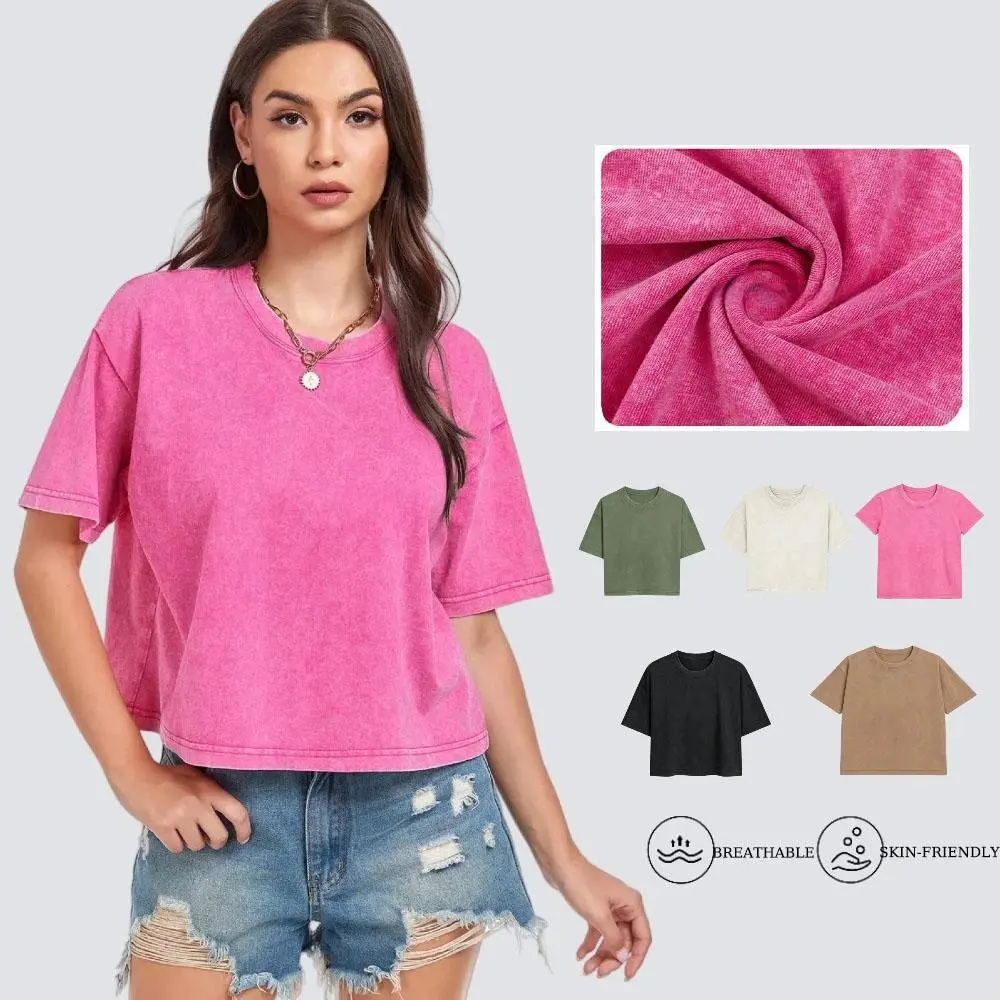 Womens Cropped Tops Acid Wash Short Sleeve T-Shirt Baggy Cotton Tee Vintage Round Neck Basic Tees Casual Shirts Summer Womenswear Solid Loose Spring Crewneck SwimWeek summervibes,summerwins,summeroutfits,vacationoutfits,beachoutfits