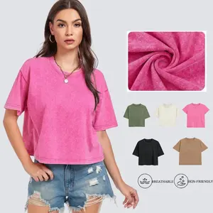 Womens Cropped Tops Acid Wash Short Sleeve T-Shirt Baggy Cotton Tee Vintage Round Neck Basic Tees Casual Shirts Summer Womenswear Solid Loose Spring Crewneck