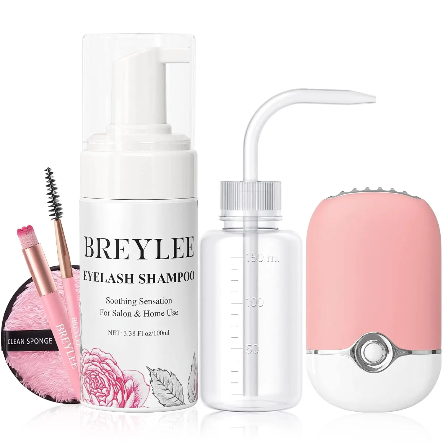 100 ml Lash Shampoo for Lash Extensions, Lash Fan Dryer+Rinse Bottle+Brushes+Cotton Puff, Eyelash Extension Cleanser, Lash Bath Wash Soap Foam Cleaner for Salon and Home Use