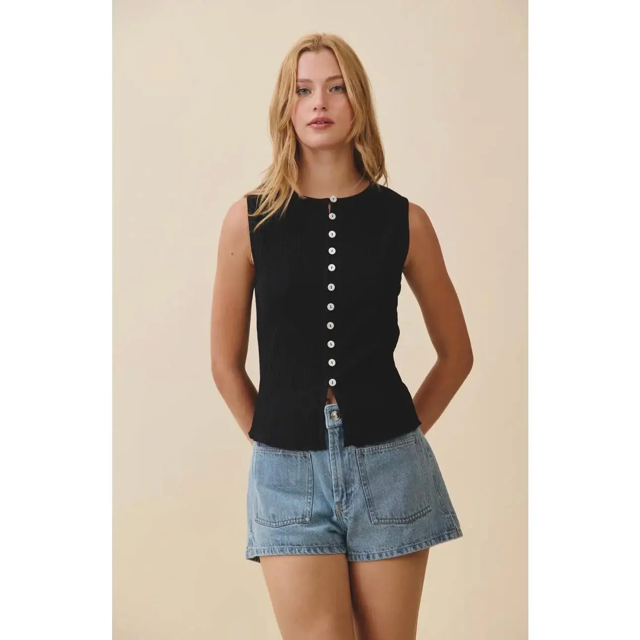 Ribbed Button Front Tank Top