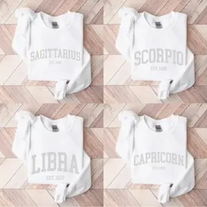 (Leave A Note or DM to Shop) (Ver 2) Custom Zodiac Sweatshirt – White Color, Custom Year-Est Your Year Astrology Pullover, Cute Horoscope Energy Gift, Unisex Crewneck Sweatshirt, Birthday Zodiac Sign Outfit