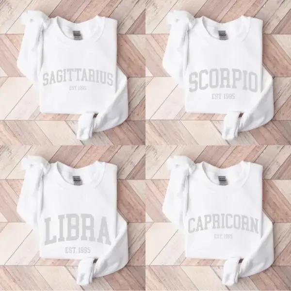 (Leave A Note or DM to Shop) (Ver 2) Custom Zodiac Sweatshirt – White Color, Custom Year-Est Your Year Astrology Pullover, Cute Horoscope Energy Gift, Unisex Crewneck Sweatshirt, Birthday Zodiac Sign Outfit